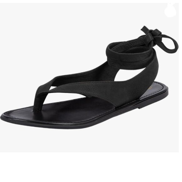 FOWT Black Split Round Toe Sandals Lace up Strappy Flats Soft Flip Flop Shoes - Picture 1 of 8